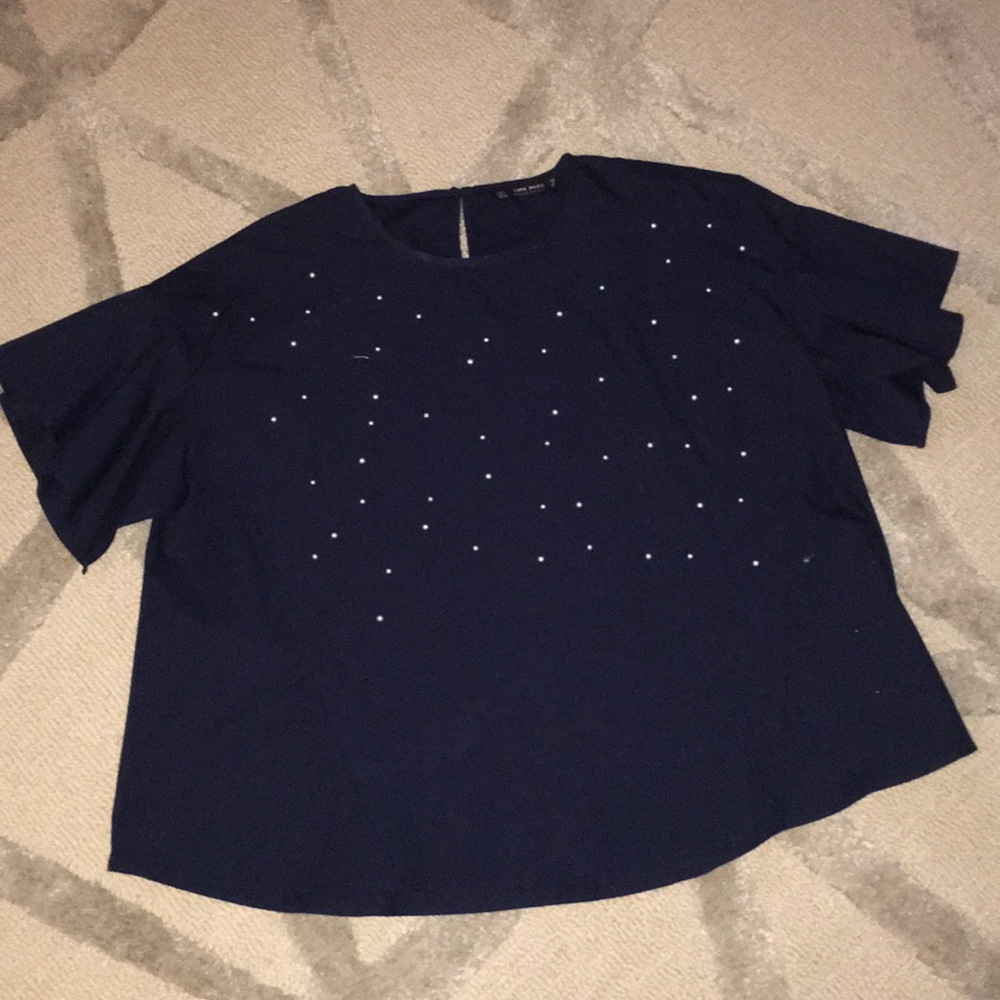 Zara Pearl Embellished Poplin Navy Shirt-Large NWT